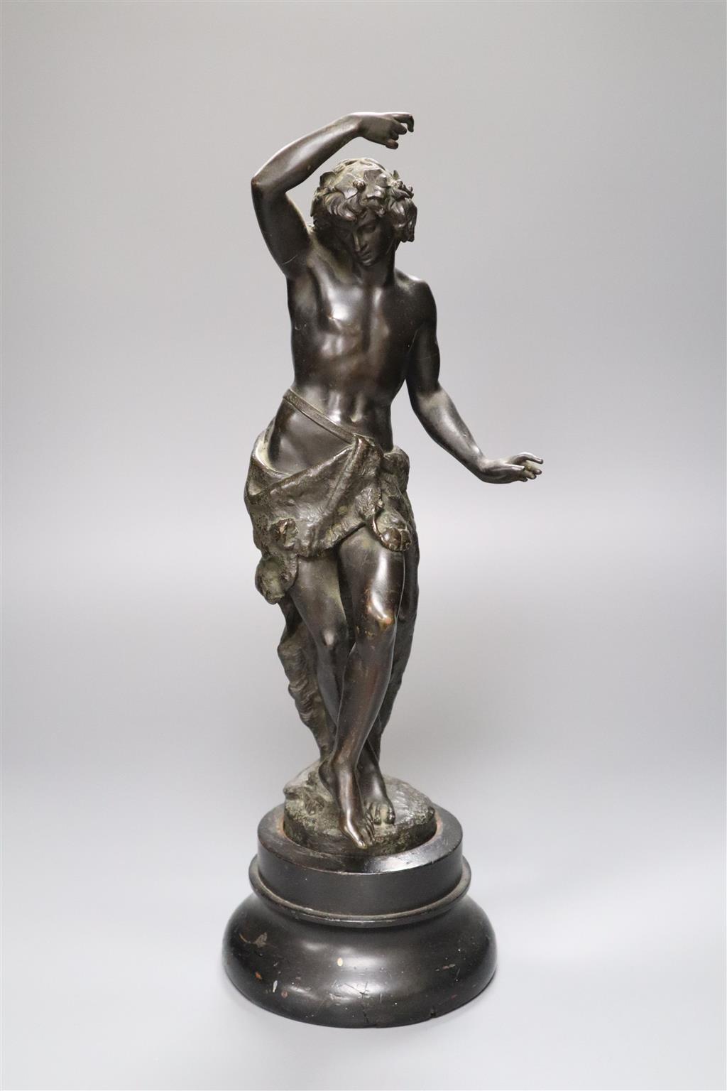 A 19th century bronze figure of a dancing bacchanal, indistinctly signed, 42cm high overall